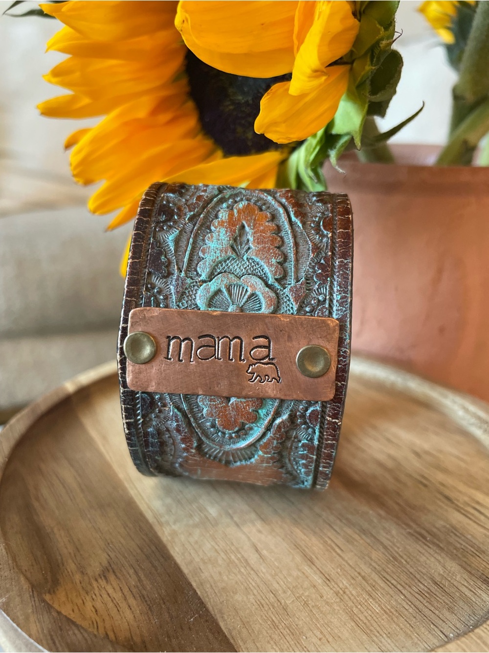 Mama Embossed Leather Cuff Bracelet in Turquoise and Brown